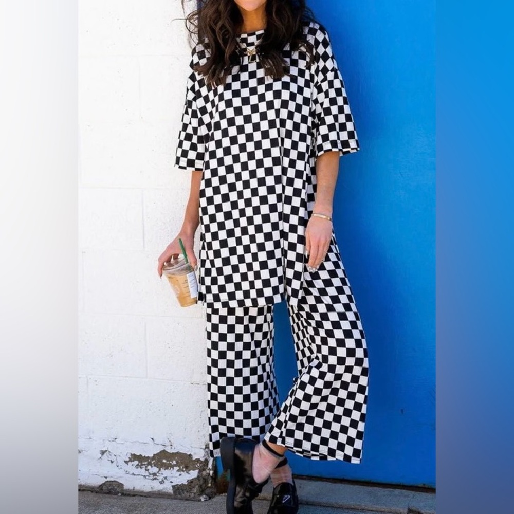 Dressed in LaLa Lex Ribbed Playsuit in Black + White Checkerboard, 2x